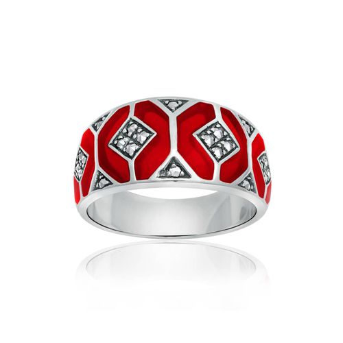 Red Enamel and Marcasite Octagon Ring